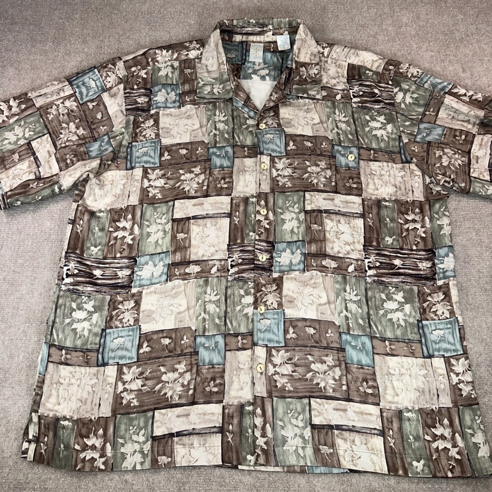 Island Shores Mens Silk Floral Patchwork Button Up Shirt Brown Blue Large
